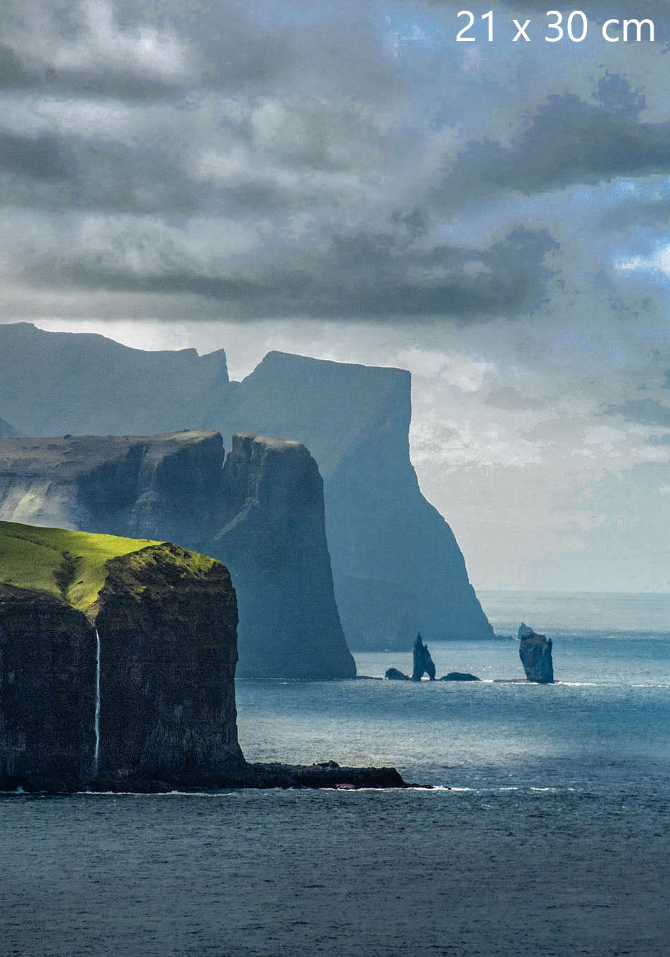 Eysturoy and Streymoy cliffs with “The Giant and the Witch,” Faroe Islands photography print, 21 × 30 cm (8.3 x 11.8 inches)