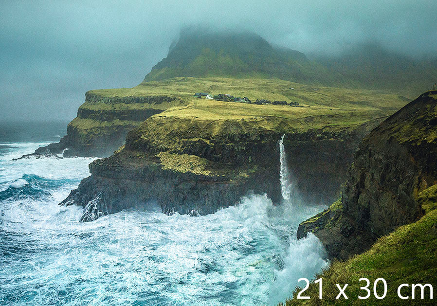Faroe Islands photography print of Múlafossur waterfall, 21×30 cm (8.3 × 11.8 inches)