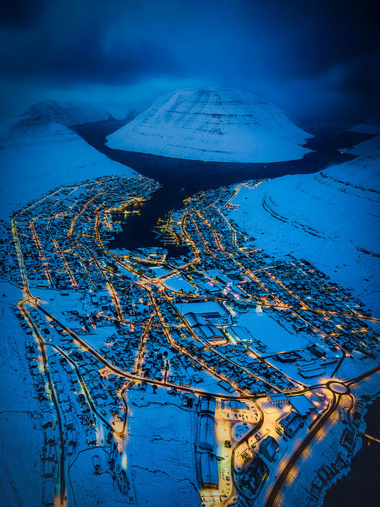 Faroe Islands photography print of Klaksvík city, calm winter evening